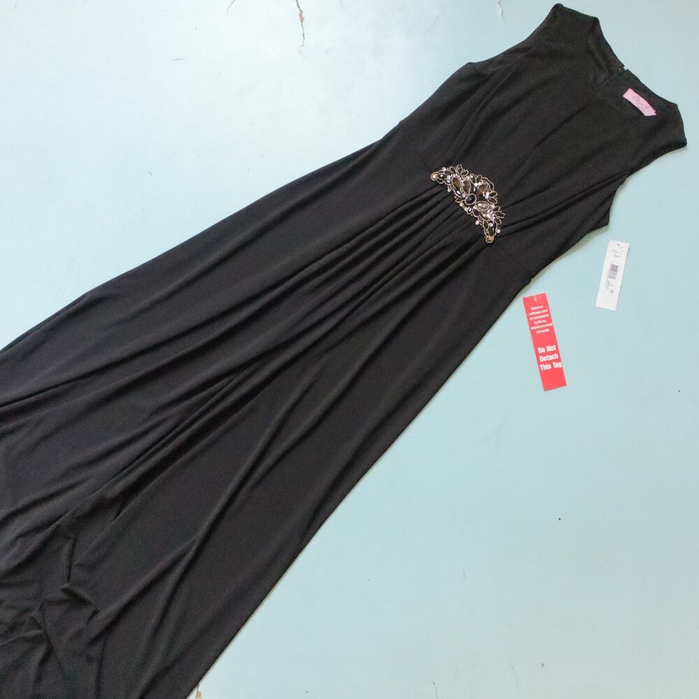 NEW Eliza J Black Silver Medallion Sleeveless Stretch Fit Maxi Dress Size 8